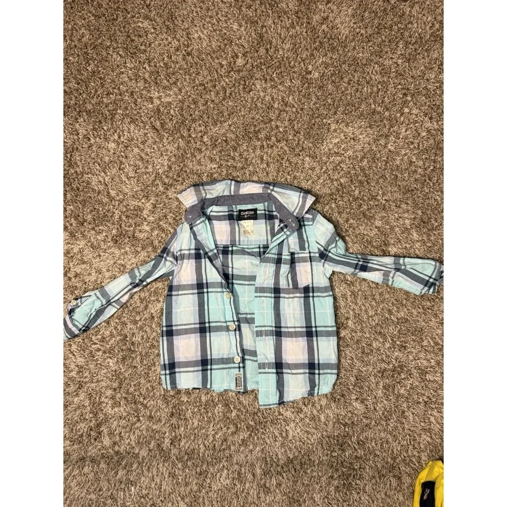 OshKosh B’gosh Boys 2T Blue White Plaid Button Down Shirt Long Sleeve
